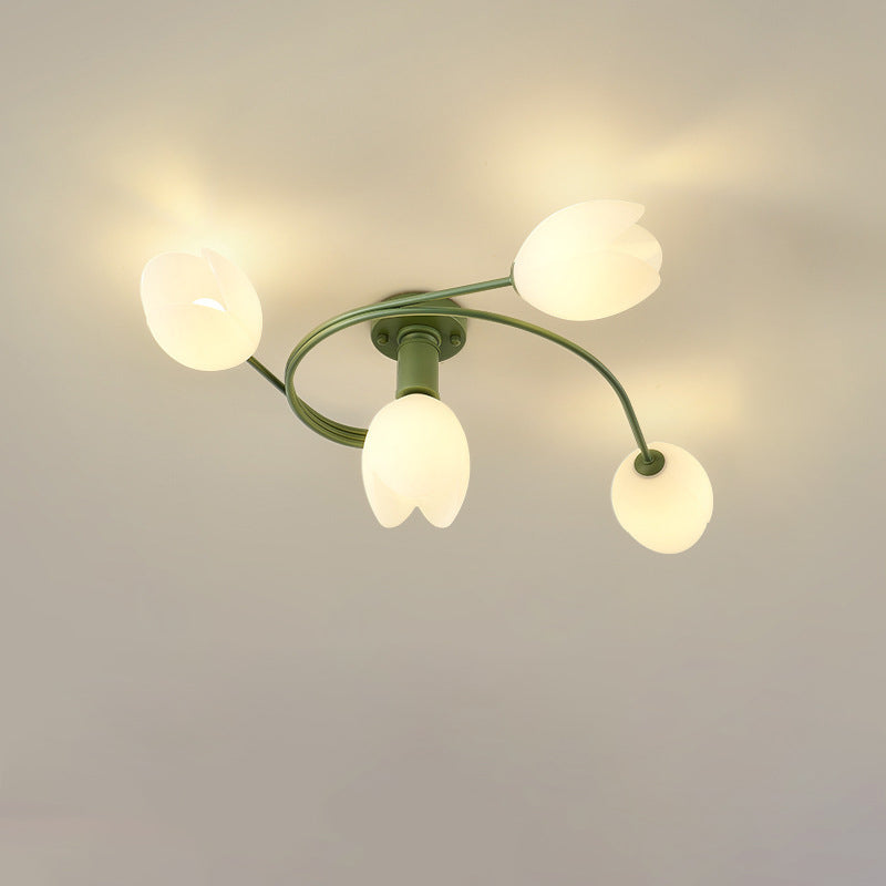Contemporary Creative Branch Magnolia Flower Iron Plastic 4/6 Light Semi-Flush Mount Ceiling Light For Living Room