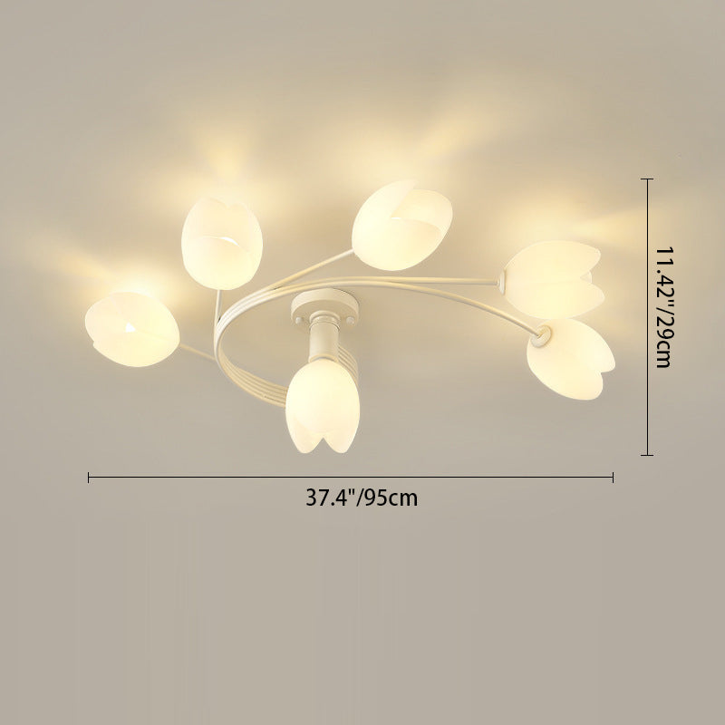 Contemporary Creative Branch Magnolia Flower Iron Plastic 4/6 Light Semi-Flush Mount Ceiling Light For Living Room