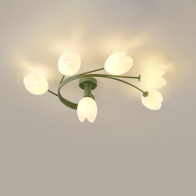 Contemporary Creative Branch Magnolia Flower Iron Plastic 4/6 Light Semi-Flush Mount Ceiling Light For Living Room