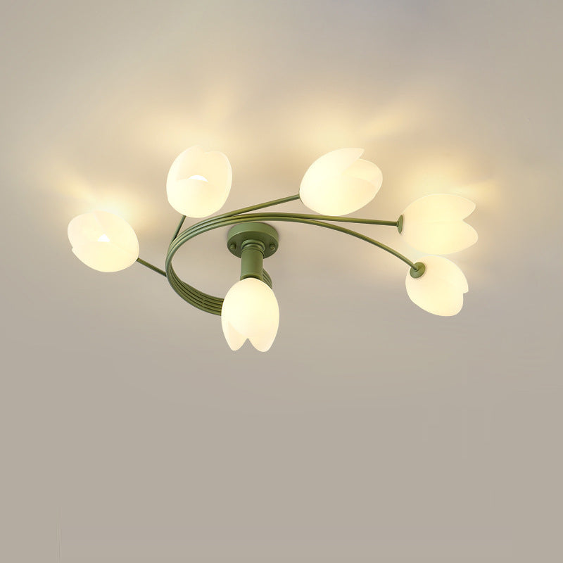 Contemporary Creative Branch Magnolia Flower Iron Plastic 4/6 Light Semi-Flush Mount Ceiling Light For Living Room