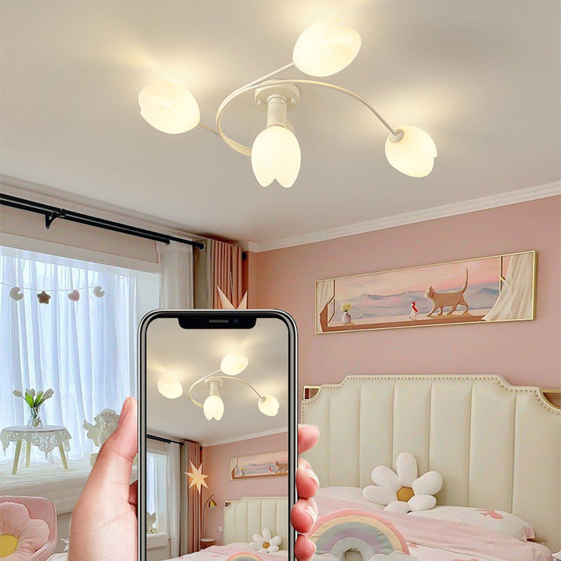 Contemporary Creative Branch Magnolia Flower Iron Plastic 4/6 Light Semi-Flush Mount Ceiling Light For Living Room