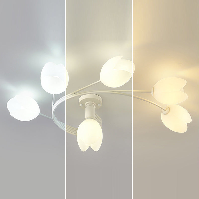 Contemporary Creative Branch Magnolia Flower Iron Plastic 4/6 Light Semi-Flush Mount Ceiling Light For Living Room