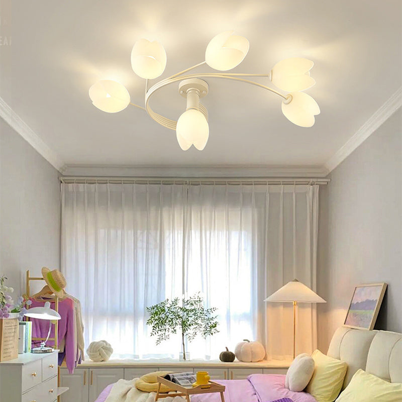 Contemporary Creative Branch Magnolia Flower Iron Plastic 4/6 Light Semi-Flush Mount Ceiling Light For Living Room