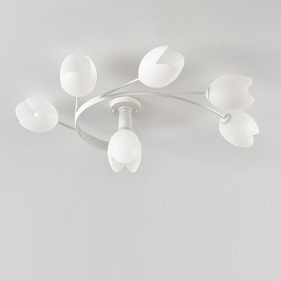 Contemporary Creative Branch Magnolia Flower Iron Plastic 4/6 Light Semi-Flush Mount Ceiling Light For Living Room