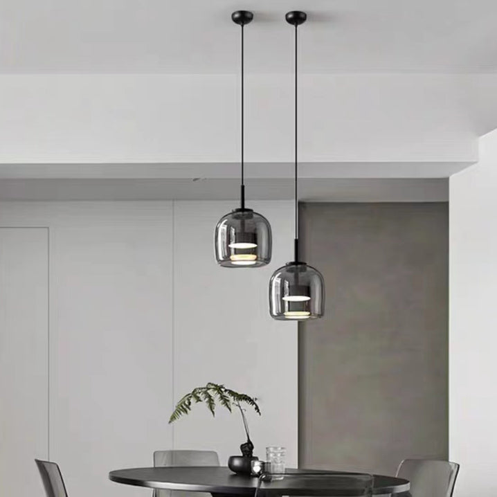 Lustre suspendu moderne de luxe en cylindre de verre transparent avec LED en fer pour chambre 