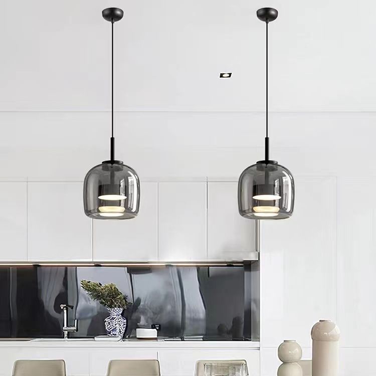 Lustre suspendu moderne de luxe en cylindre de verre transparent avec LED en fer pour chambre 