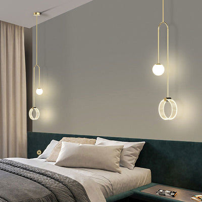 Lustre Pendentif LED Moderne en Fer de Luxe en Aluminium Acrylique Boule Cercle Fil Long Pour Chambre 