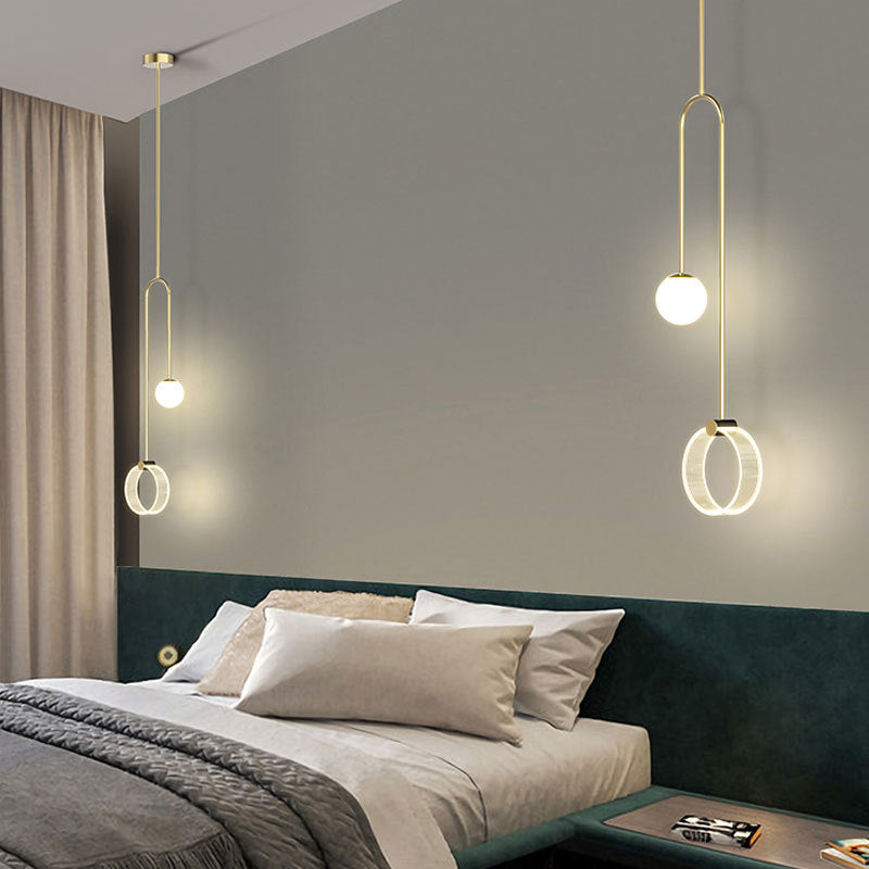 Lustre Pendentif LED Moderne en Fer de Luxe en Aluminium Acrylique Boule Cercle Fil Long Pour Chambre 