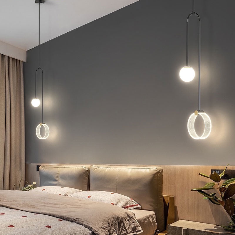 Lustre Pendentif LED Moderne en Fer de Luxe en Aluminium Acrylique Boule Cercle Fil Long Pour Chambre 