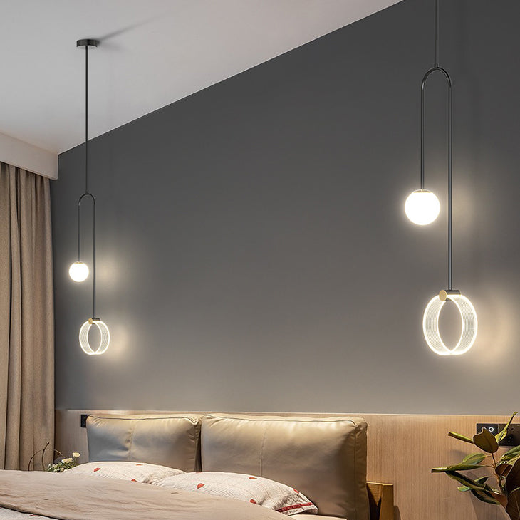 Lustre Pendentif LED Moderne en Fer de Luxe en Aluminium Acrylique Boule Cercle Fil Long Pour Chambre 