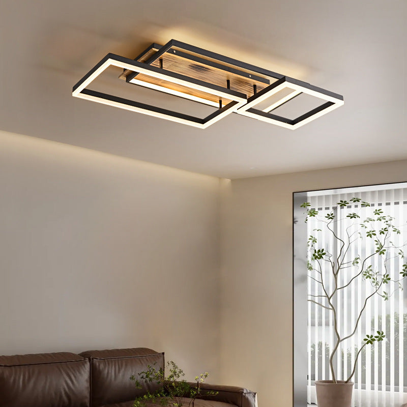 Contemporary Creative Combination Square Rectangular Wood Grain Aluminum Acrylic LED Semi-Flush Mount Ceiling Light For Living Room