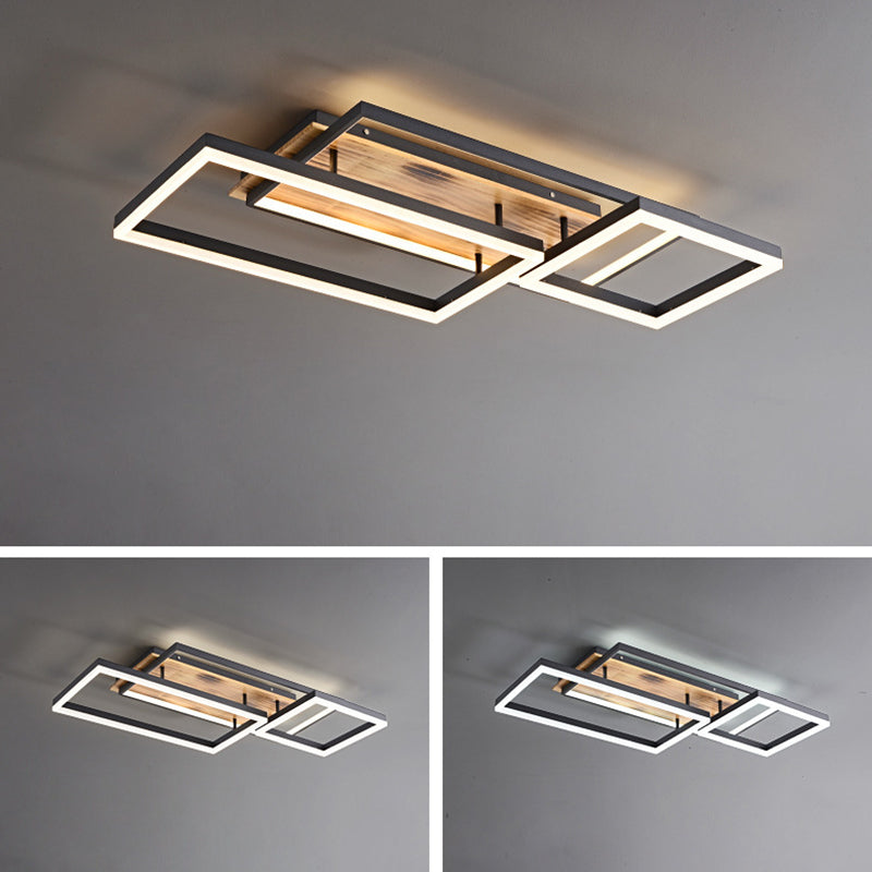 Contemporary Creative Combination Square Rectangular Wood Grain Aluminum Acrylic LED Semi-Flush Mount Ceiling Light For Living Room