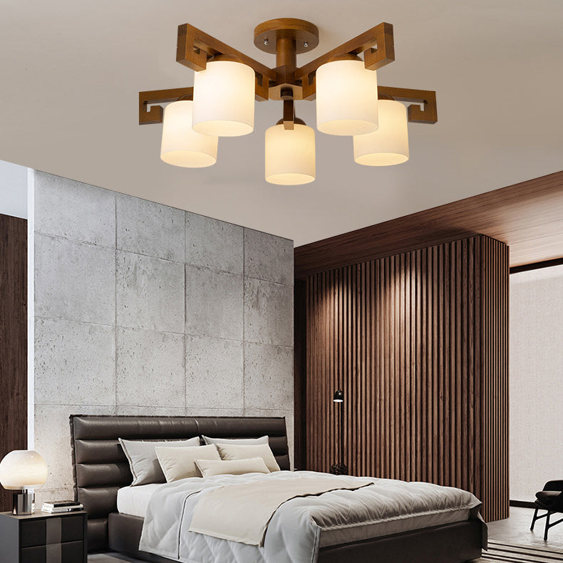 Traditionelle chinesische Astzylinder-Rundglas-Holz 5/8-Licht-Kronleuchter für Wohnzimmer 