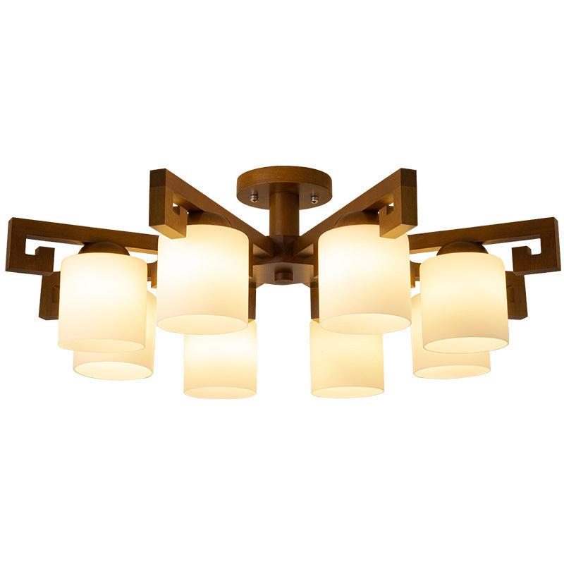 Traditionelle chinesische Astzylinder-Rundglas-Holz 5/8-Licht-Kronleuchter für Wohnzimmer 