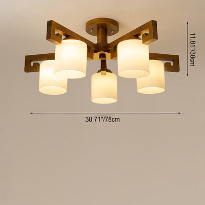 Traditionelle chinesische Astzylinder-Rundglas-Holz 5/8-Licht-Kronleuchter für Wohnzimmer 