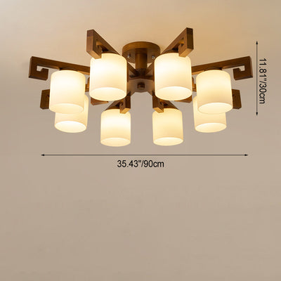 Traditionelle chinesische Astzylinder-Rundglas-Holz 5/8-Licht-Kronleuchter für Wohnzimmer 
