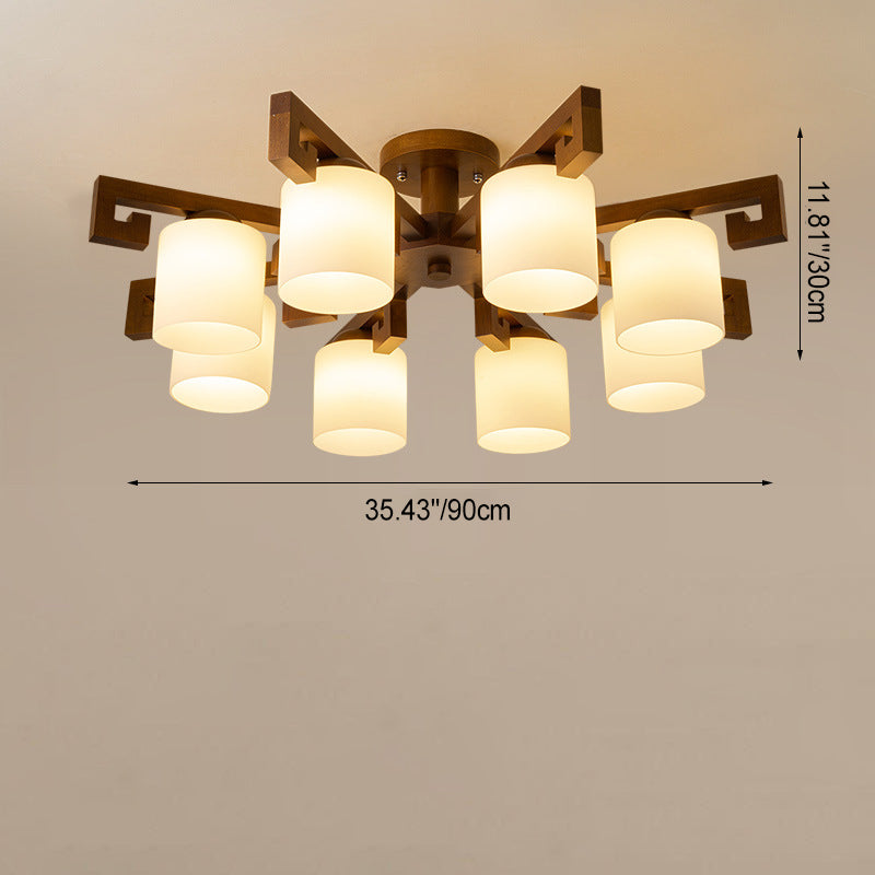 Traditionelle chinesische Astzylinder-Rundglas-Holz 5/8-Licht-Kronleuchter für Wohnzimmer 
