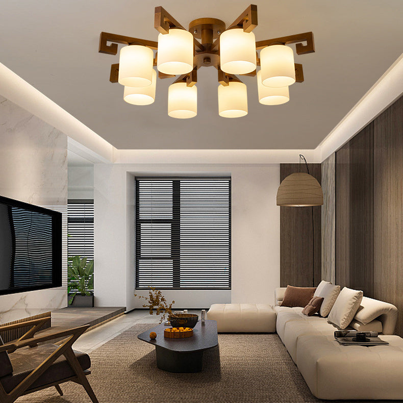 Traditionelle chinesische Astzylinder-Rundglas-Holz 5/8-Licht-Kronleuchter für Wohnzimmer 