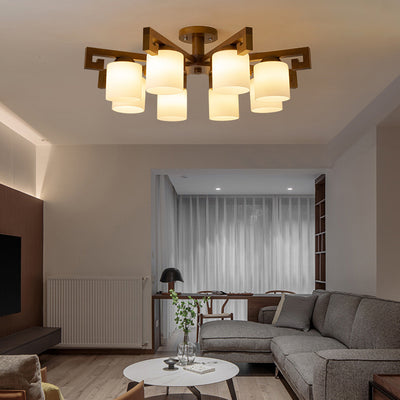 Traditionelle chinesische Astzylinder-Rundglas-Holz 5/8-Licht-Kronleuchter für Wohnzimmer 