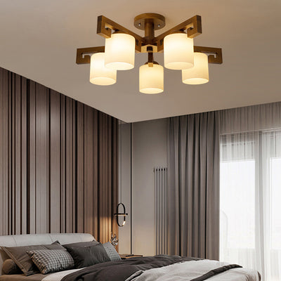 Traditionelle chinesische Astzylinder-Rundglas-Holz 5/8-Licht-Kronleuchter für Wohnzimmer 