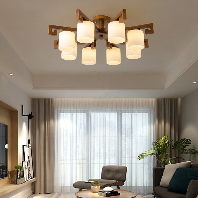 Traditionelle chinesische Astzylinder-Rundglas-Holz 5/8-Licht-Kronleuchter für Wohnzimmer 
