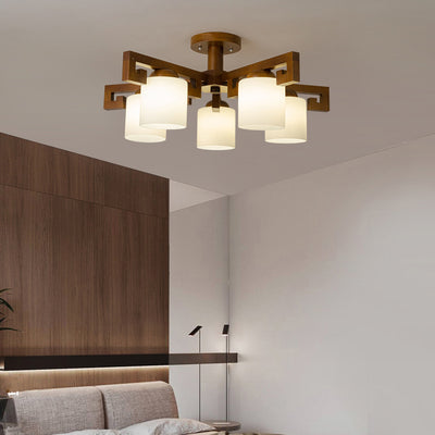 Traditionelle chinesische Astzylinder-Rundglas-Holz 5/8-Licht-Kronleuchter für Wohnzimmer 