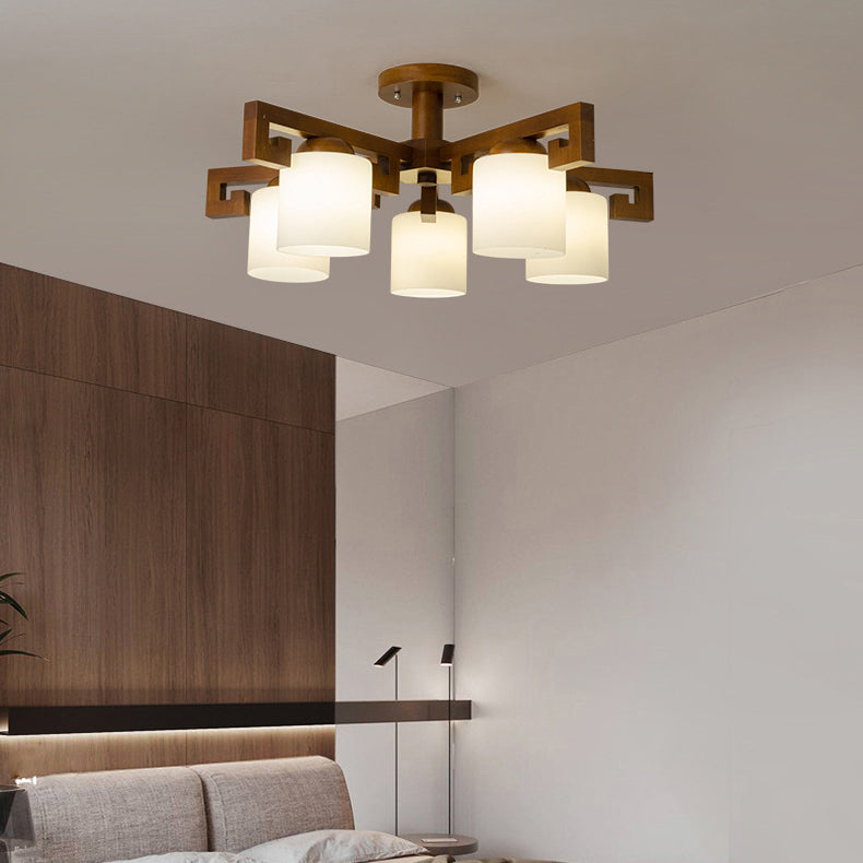 Traditionelle chinesische Astzylinder-Rundglas-Holz 5/8-Licht-Kronleuchter für Wohnzimmer 