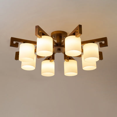 Traditionelle chinesische Astzylinder-Rundglas-Holz 5/8-Licht-Kronleuchter für Wohnzimmer 