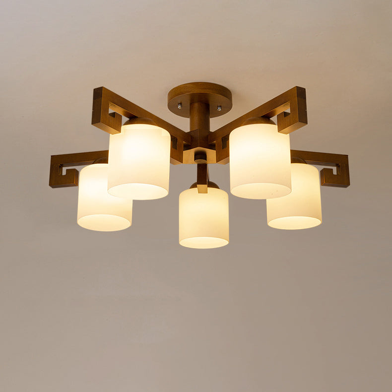 Traditionelle chinesische Astzylinder-Rundglas-Holz 5/8-Licht-Kronleuchter für Wohnzimmer 