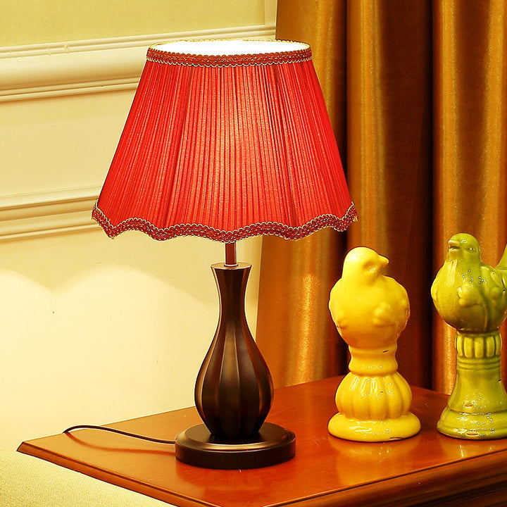 Lámpara de Mesa de 1 Luz con Pantalla de Tela de Tambor Vintage Tradicional y Base de Madera para Sala de Estar 