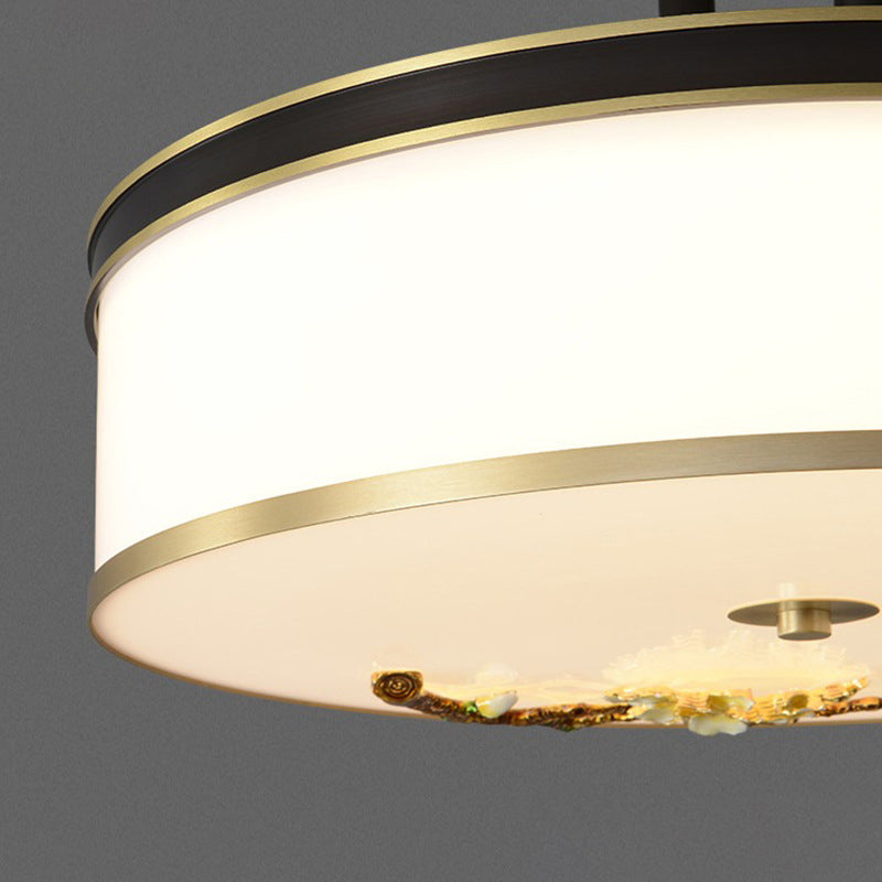 Traditional Chinese Brass Ceramic Plum Blossom Drum Shape Acrylic LED Flush Mount Ceiling Light For Living Room