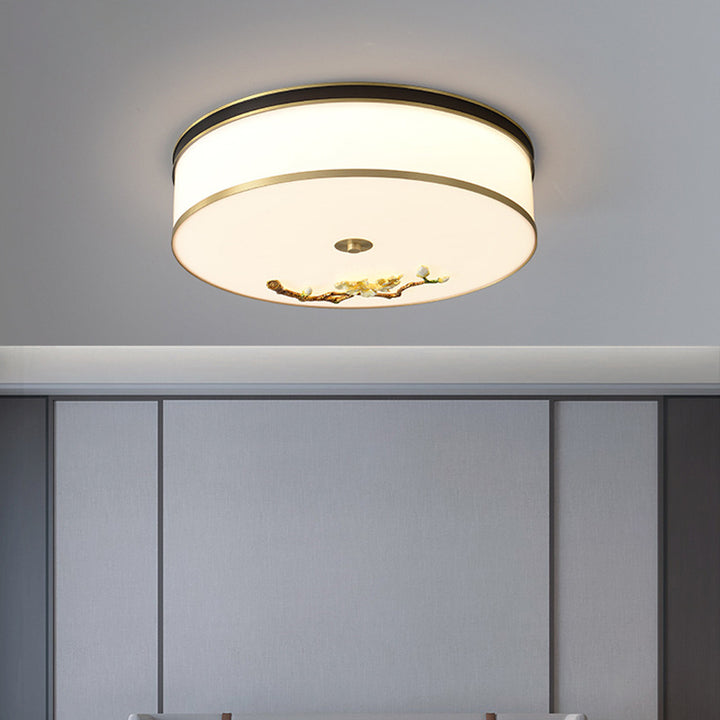 Traditional Chinese Brass Ceramic Plum Blossom Drum Shape Acrylic LED Flush Mount Ceiling Light For Living Room