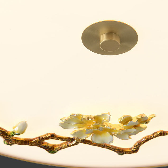 Traditional Chinese Brass Ceramic Plum Blossom Drum Shape Acrylic LED Flush Mount Ceiling Light For Living Room