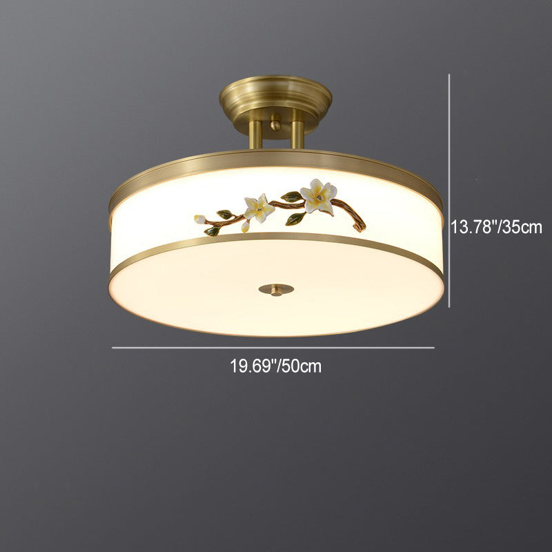 Lustre semi-encastré en laiton traditionnel chinois en céramique avec forme de tambour et fleur de prunier en acrylique LED pour chambre à coucher 