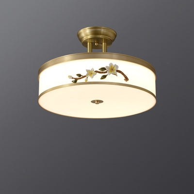 Lustre semi-encastré en laiton traditionnel chinois en céramique avec forme de tambour et fleur de prunier en acrylique LED pour chambre à coucher 