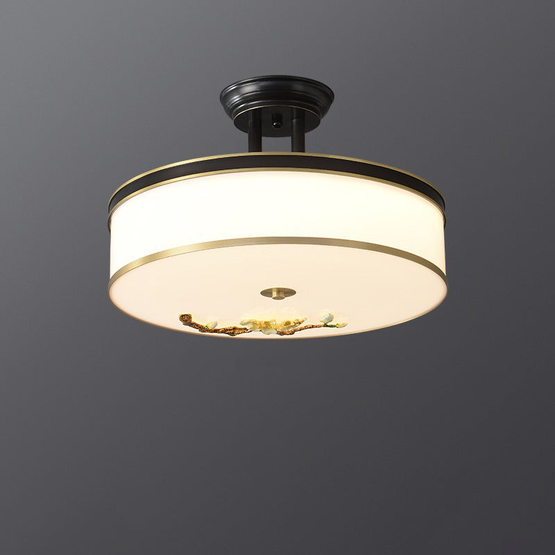 Lustre semi-encastré en laiton traditionnel chinois en céramique avec forme de tambour et fleur de prunier en acrylique LED pour chambre à coucher 