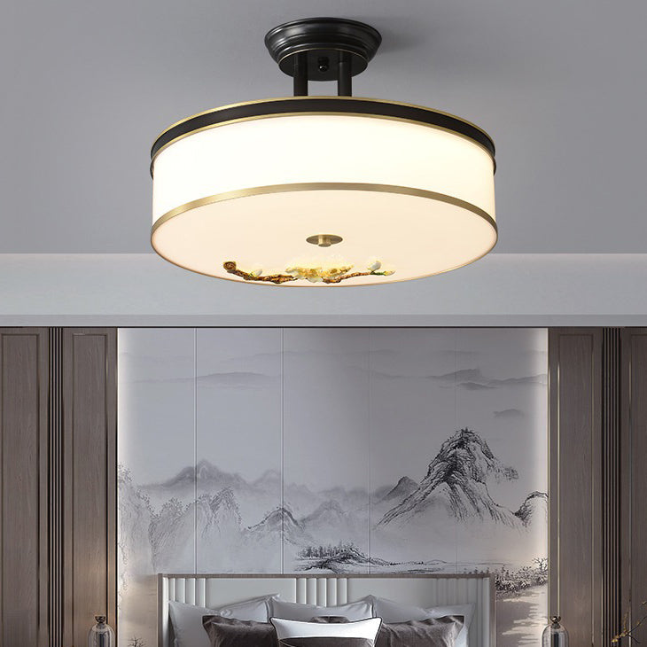 Lustre semi-encastré en laiton traditionnel chinois en céramique avec forme de tambour et fleur de prunier en acrylique LED pour chambre à coucher 