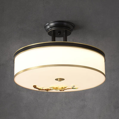 Lustre semi-encastré en laiton traditionnel chinois en céramique avec forme de tambour et fleur de prunier en acrylique LED pour chambre à coucher 