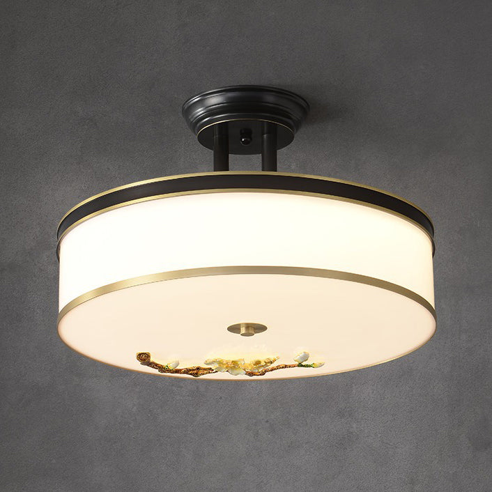 Lustre semi-encastré en laiton traditionnel chinois en céramique avec forme de tambour et fleur de prunier en acrylique LED pour chambre à coucher 