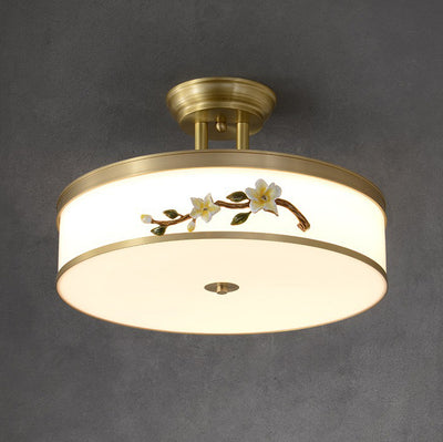 Lustre semi-encastré en laiton traditionnel chinois en céramique avec forme de tambour et fleur de prunier en acrylique LED pour chambre à coucher 