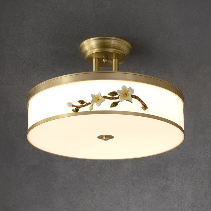 Lustre semi-encastré en laiton traditionnel chinois en céramique avec forme de tambour et fleur de prunier en acrylique LED pour chambre à coucher 