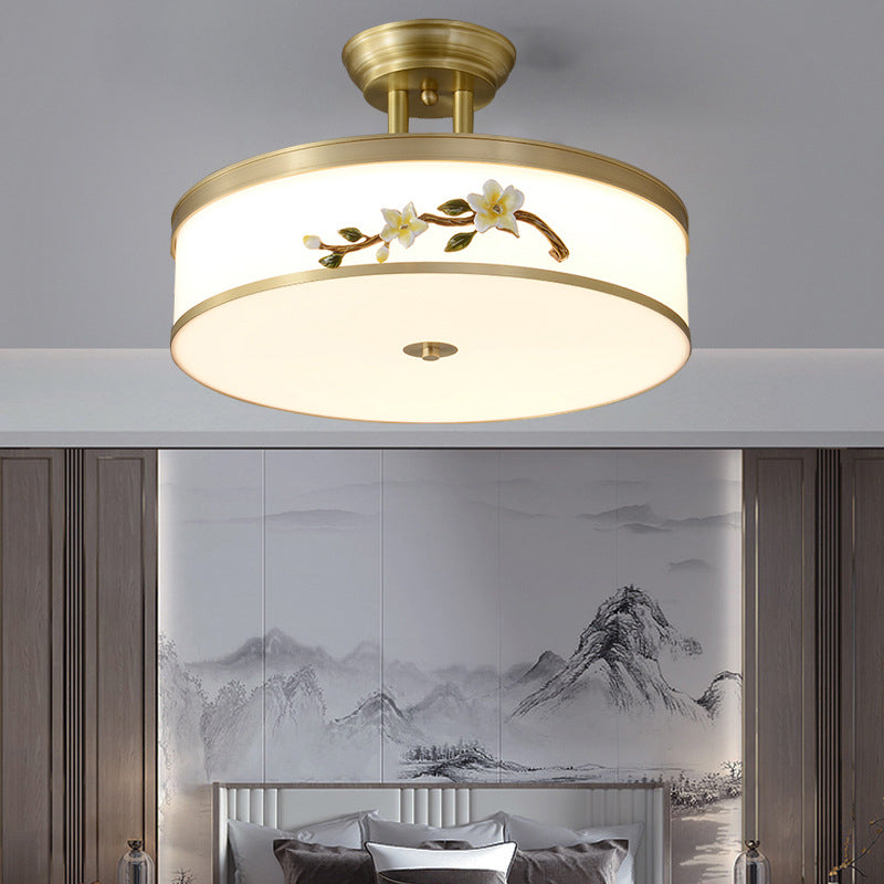 Lustre semi-encastré en laiton traditionnel chinois en céramique avec forme de tambour et fleur de prunier en acrylique LED pour chambre à coucher 