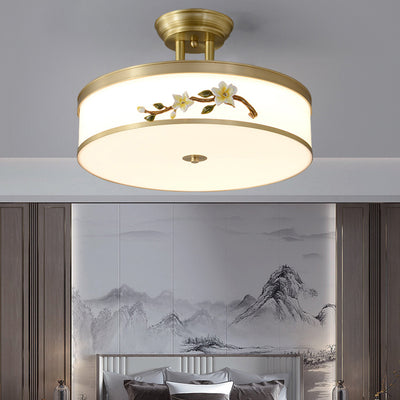 Lustre semi-encastré en laiton traditionnel chinois en céramique avec forme de tambour et fleur de prunier en acrylique LED pour chambre à coucher 