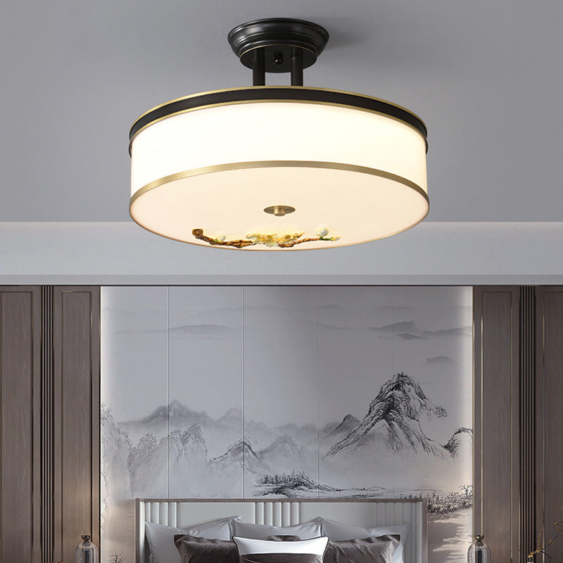 Lustre semi-encastré en laiton traditionnel chinois en céramique avec forme de tambour et fleur de prunier en acrylique LED pour chambre à coucher 