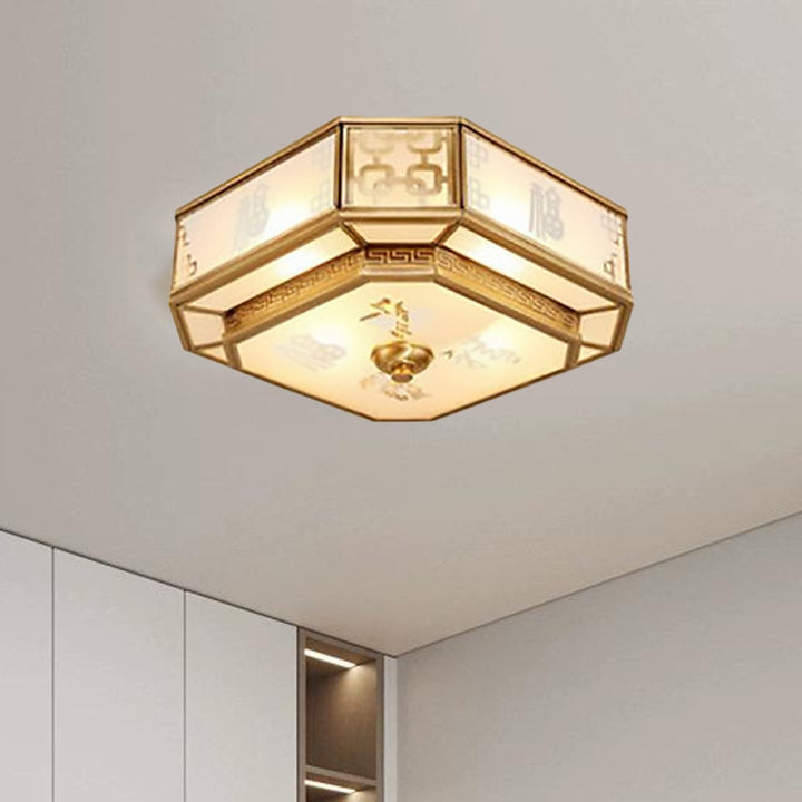 Plafonnier à 4 lumières en laiton avec verre dépoli octogonal chinois traditionnel pour salon 