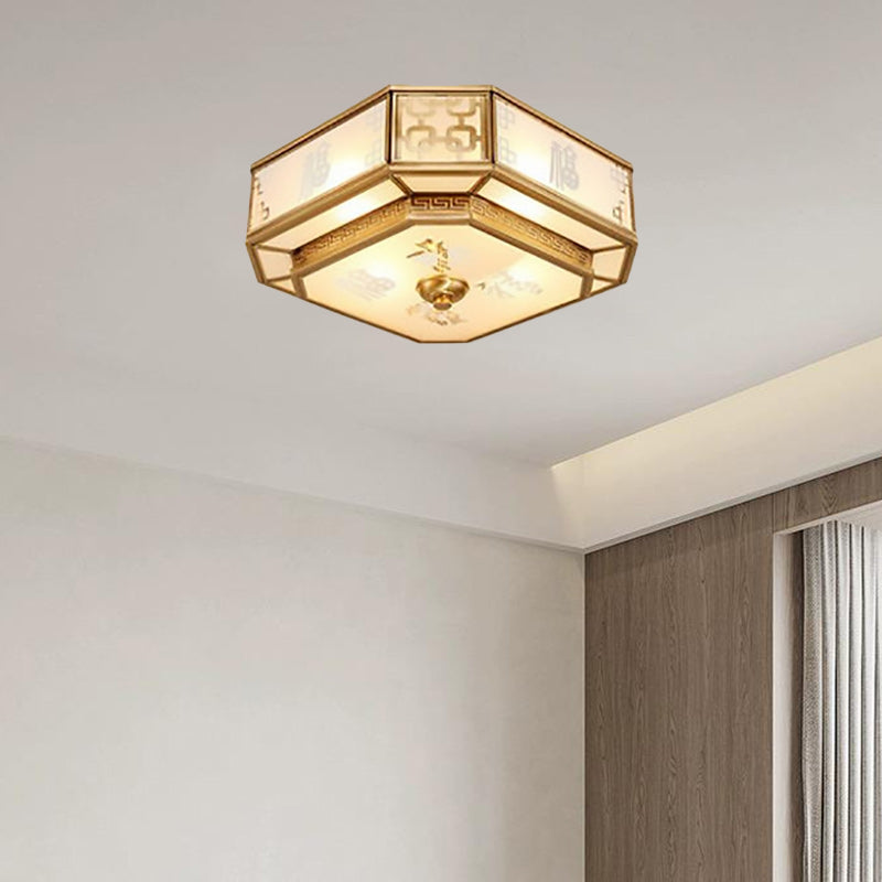 Plafonnier à 4 lumières en laiton avec verre dépoli octogonal chinois traditionnel pour salon 