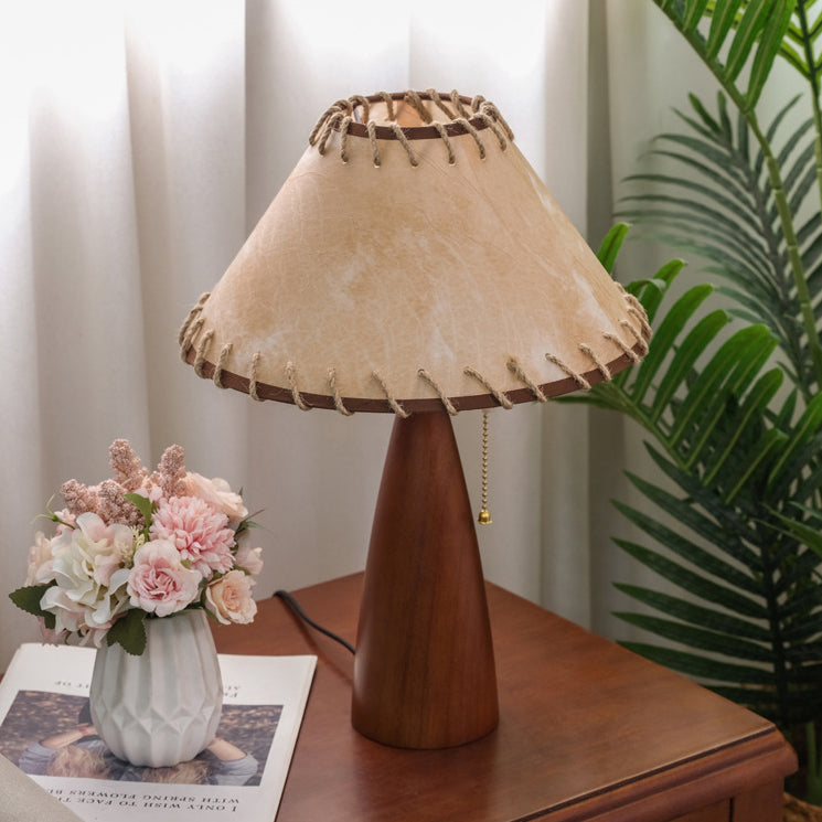 Lámpara de Mesa de 1 Luz de Madera con Imitación de Piel de Oveja de Lino de Champiñón Vintage Tradicional para Sala de Estar 