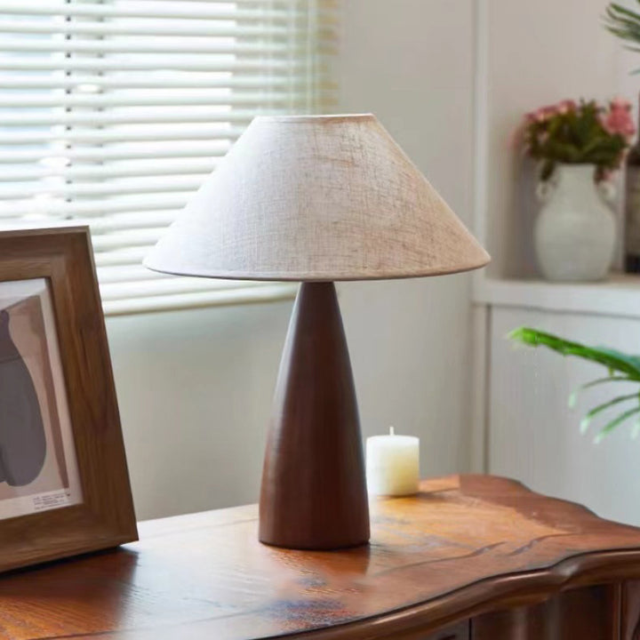 Traditionelle Vintage Pilz Leinen Imitation Schaffell Holz 1-Licht Tischlampe für Wohnzimmer 