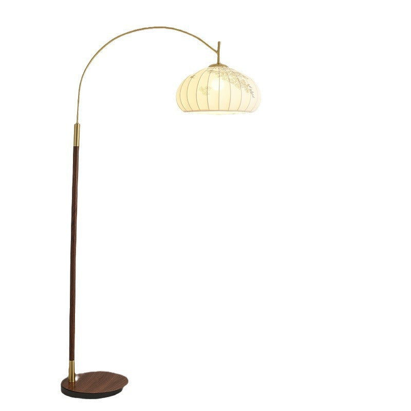 Traditional Chinese Fishing Rod Round Oval Cone Iron Fabric 1-Light Standing Floor Lamp For Living Room