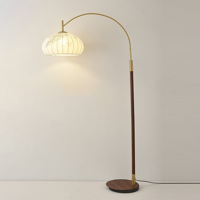 Traditional Chinese Fishing Rod Round Oval Cone Iron Fabric 1-Light Standing Floor Lamp For Living Room